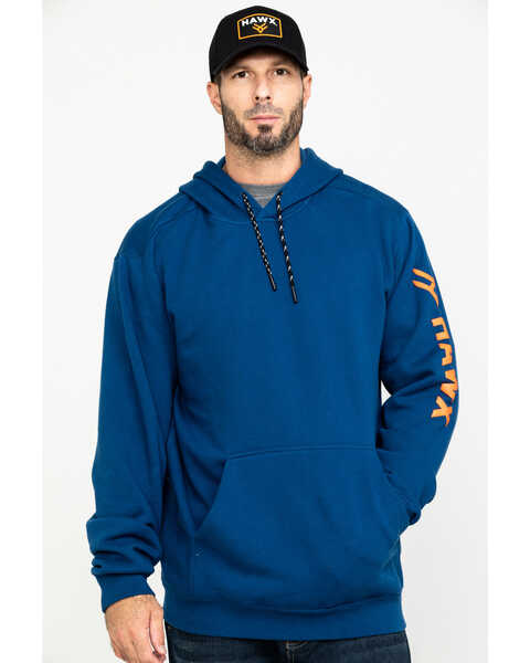 Hawx Men's Logo Sleeve Performance Fleece Hooded Work Sweatshirt - Big & Tall , Blue, hi-res