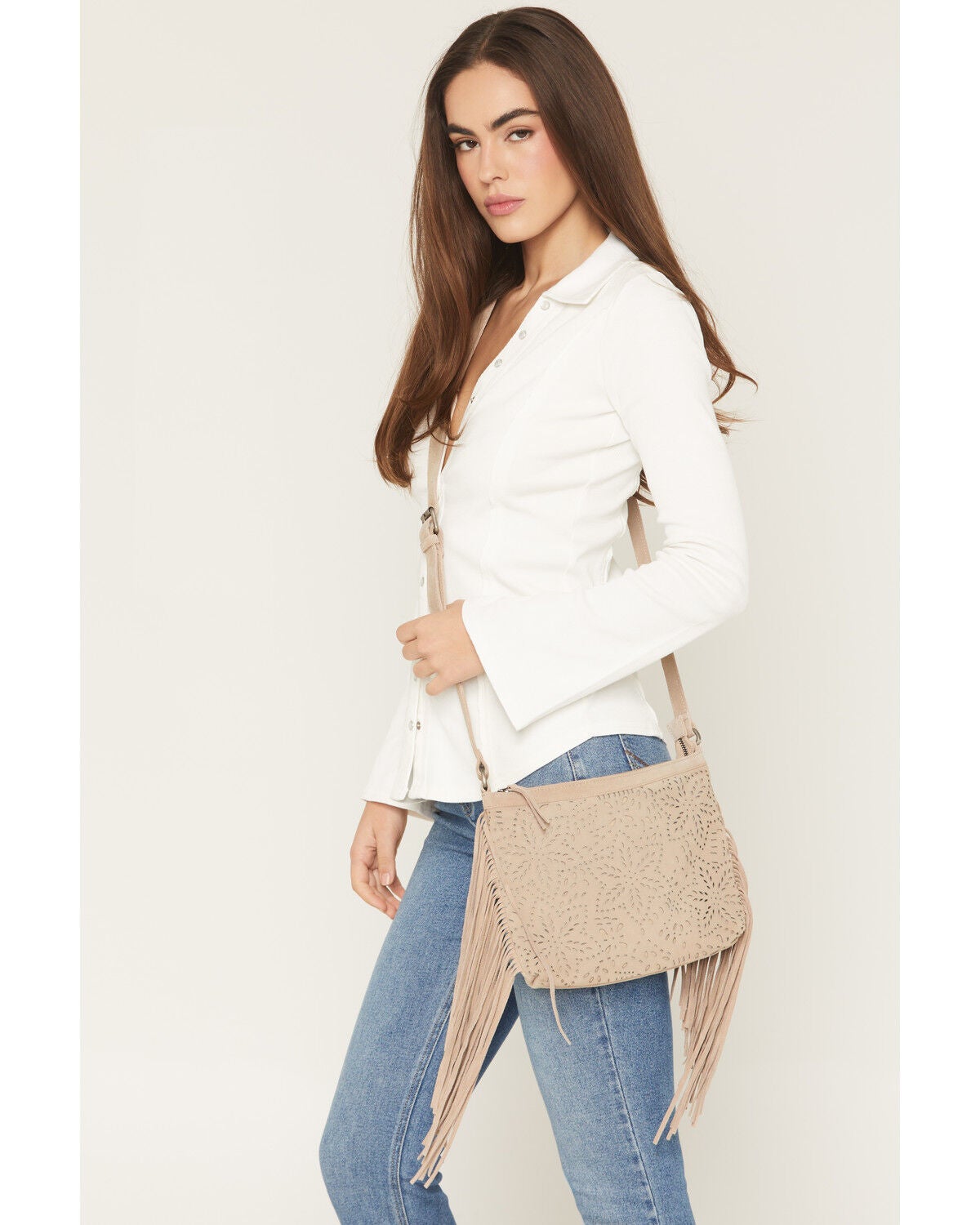 Shyanne Women's Avenly Floral Perforated Suede Crossbody Bag, Tan, hi-res