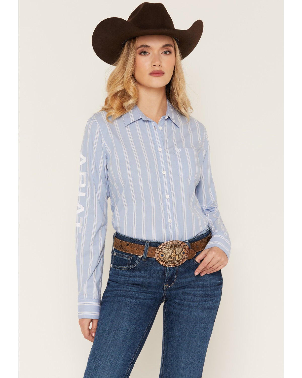 Ariat Women's Team Kirby Stripe Print Long Sleeve Button-Down Stretch Western Shirt, Blue, hi-res