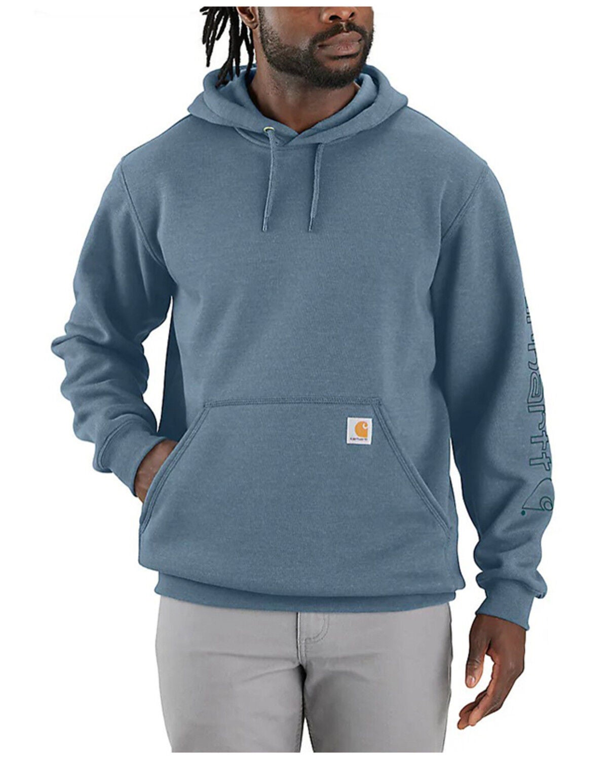 Carhartt Men's Loose Fit Midweight Logo Sleeve Graphic Hooded Sweatshirt, Light Blue, hi-res