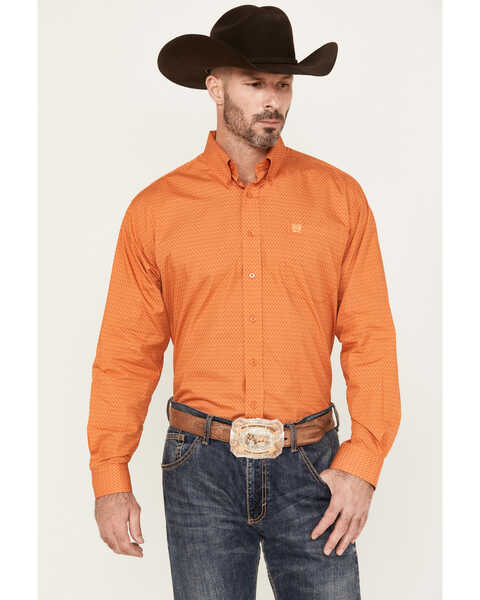 Cinch Men's Print Long Sleeve Button Down Western Shirt, Orange, hi-res