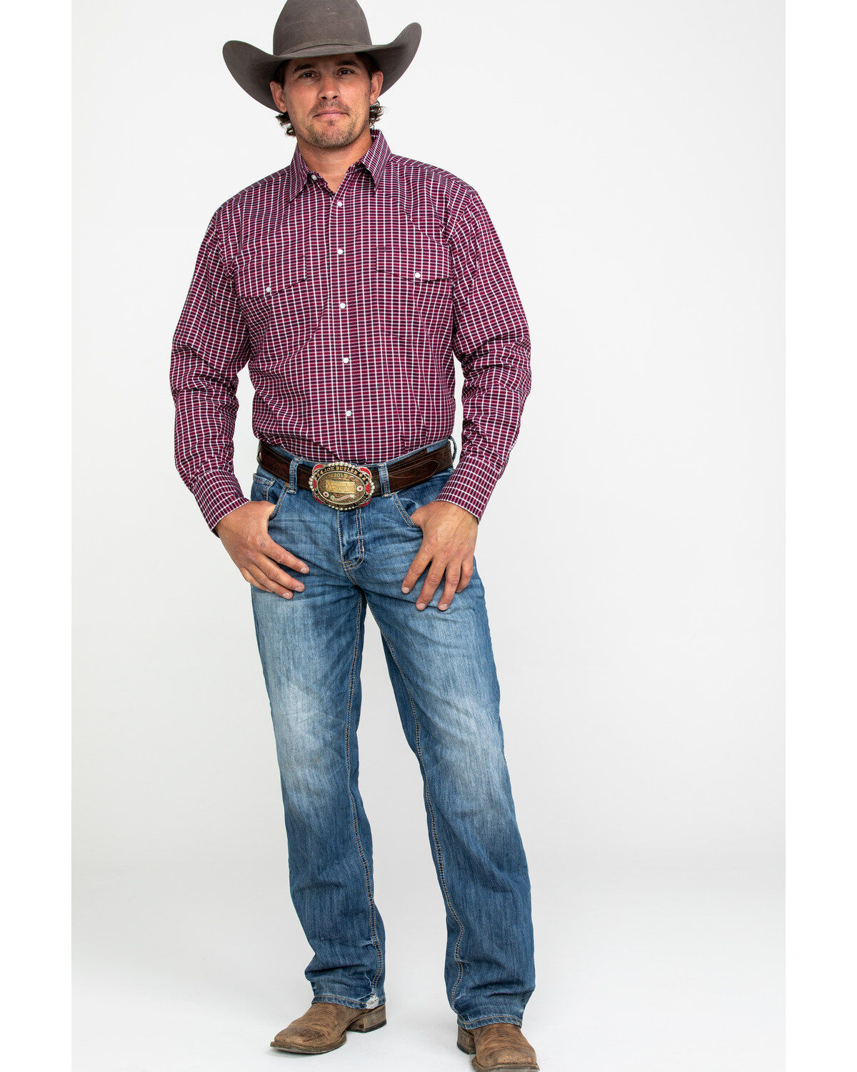 Image #6 - Wrangler Men's Wrinkle Resist Small Plaid Long Sleeve Western Shirt, Red, hi-res