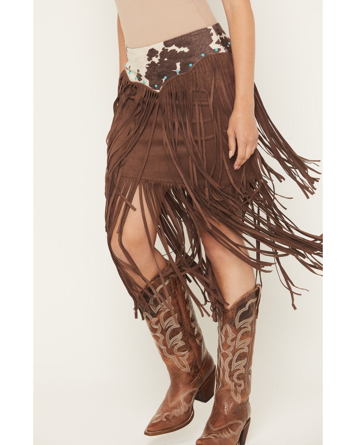 Shyanne Women's Raven Cow Print Faux Suede Fringe Mini Skirt