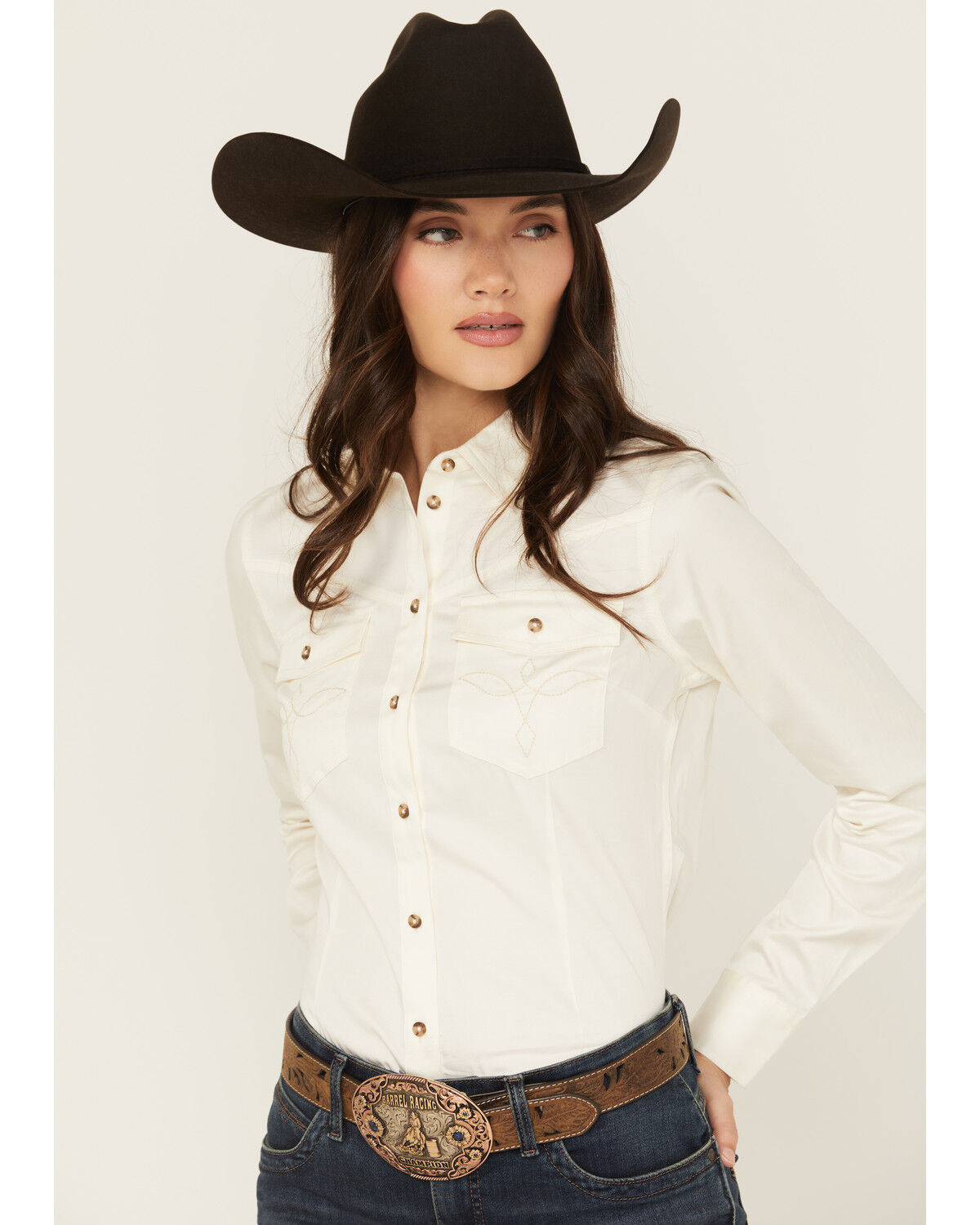 Image #1 - Shyanne Women's Poplin Embroidered Long Sleeve Button-Down Stretch Western Shirt, Ivory, hi-res
