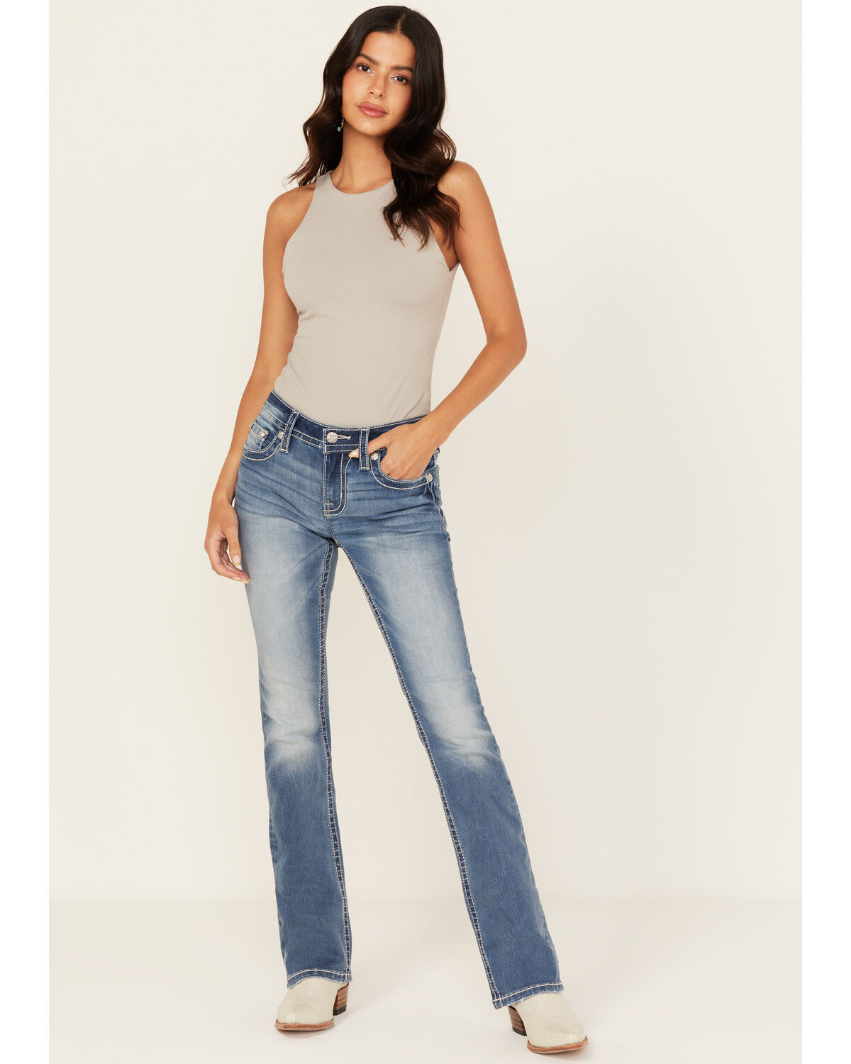 Image #3 - Miss Me Women's Dark Wash Mid Rise Dream Catcher Pocket 32" Bootcut Stretch Denim Jeans, Dark Wash, hi-res