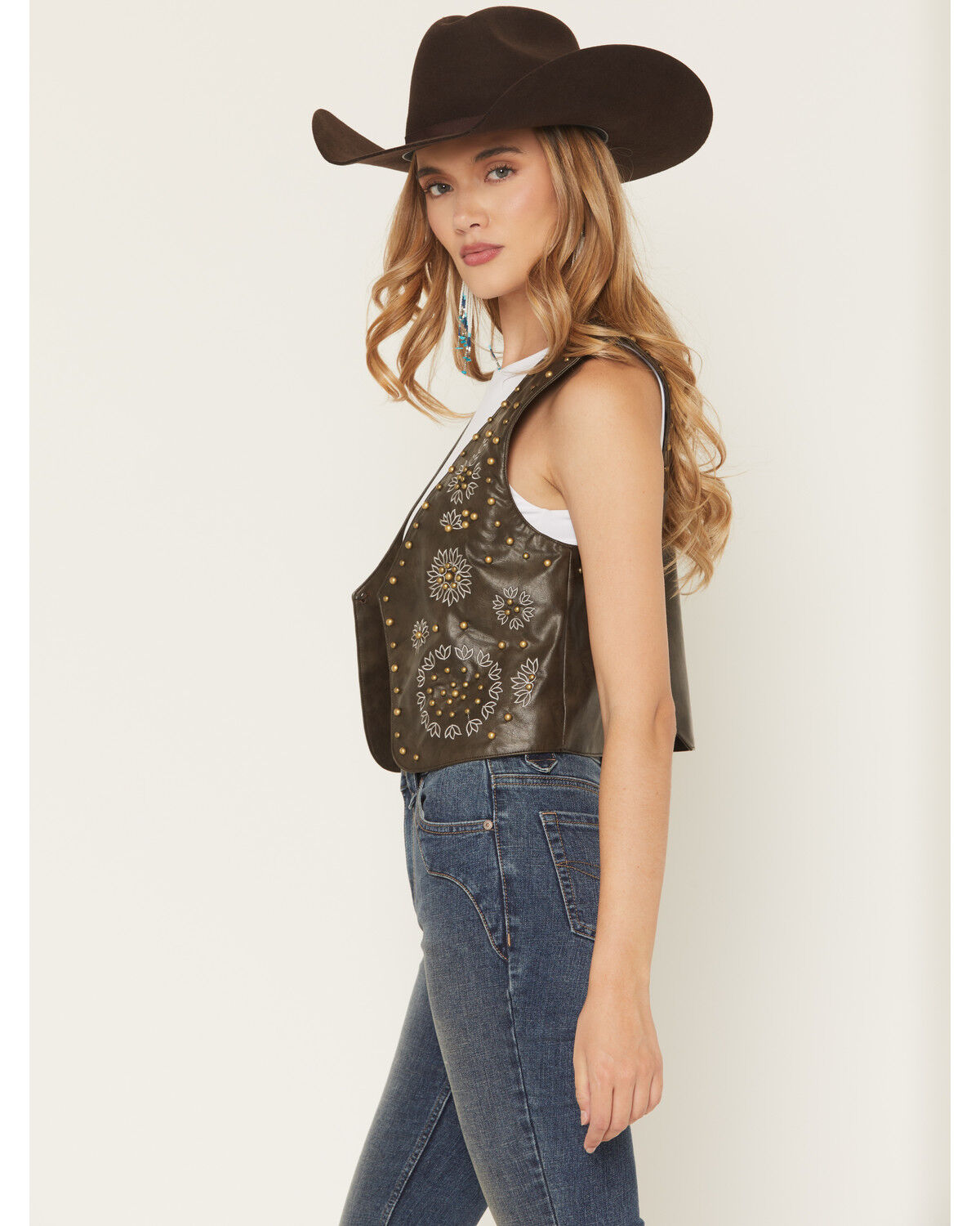 Image #2 - Fornia Women's Studded Floral Embroidered Vest, Olive, hi-res