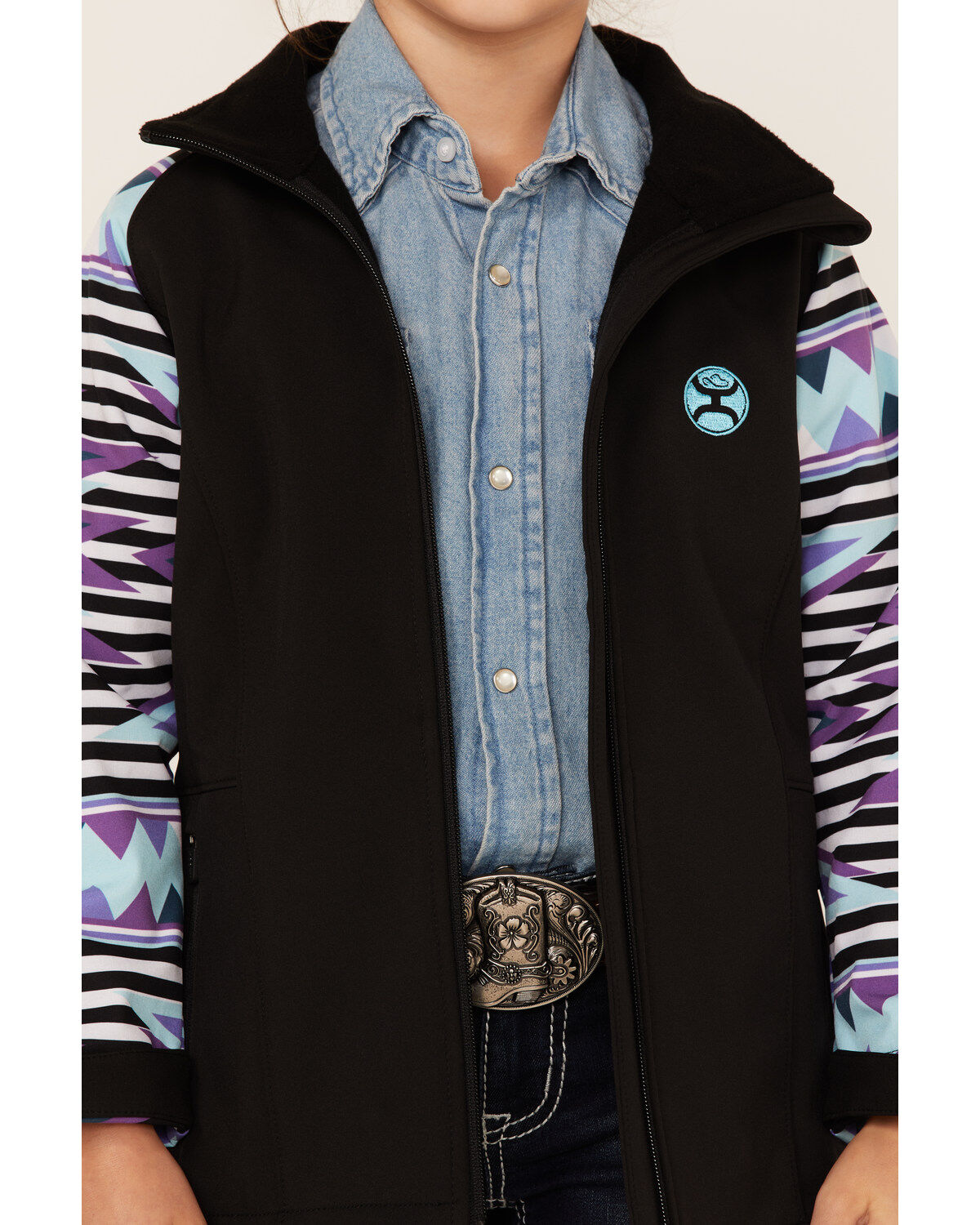Image #3 - Hooey Girls' Southwestern Print Sleeve Zip-Front Softshell Jacket, Black, hi-res