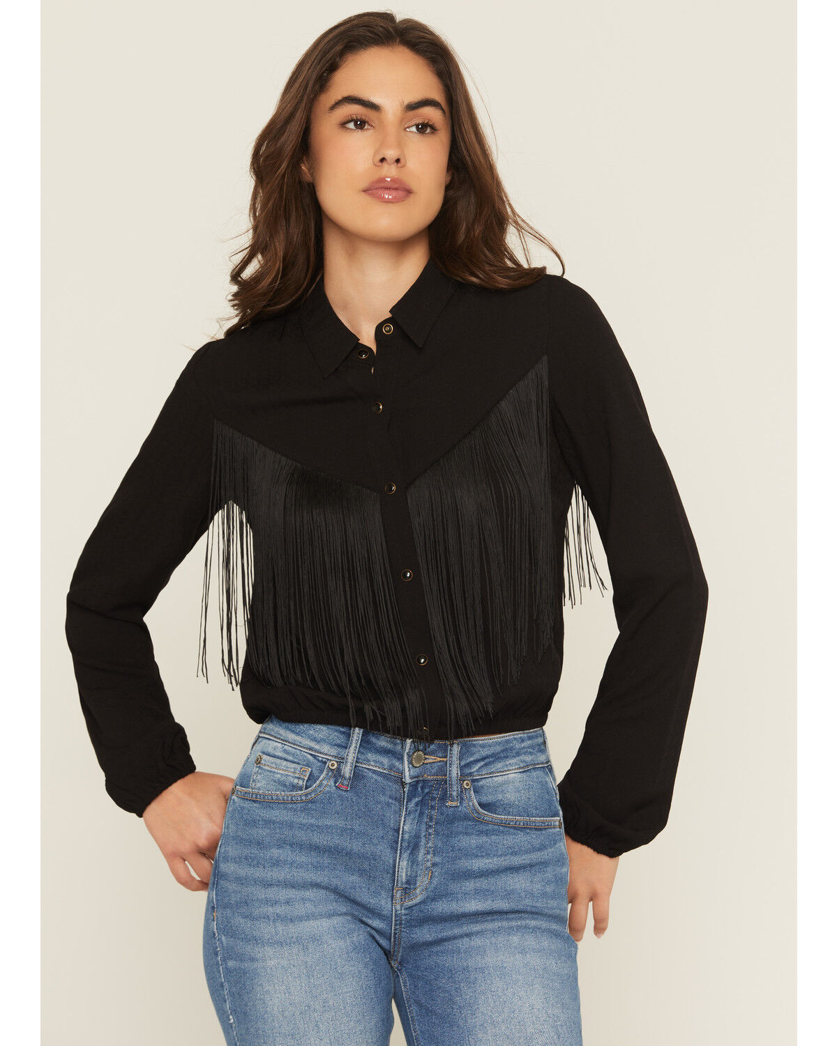 Image #1 - Idyllwind Women's Richfield Fringe Long Sleeve Snap Western Shirt, Black, hi-res