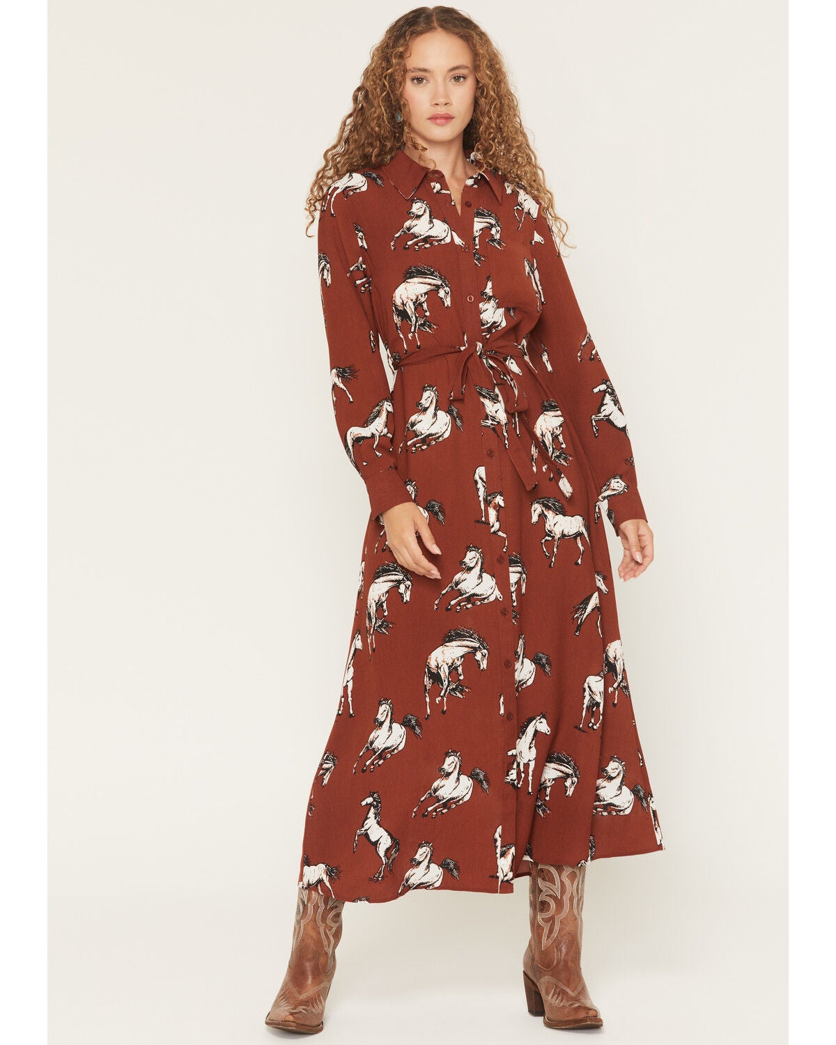 Cotton & Rye Women's Boot Barn Exclusive Horse Print Waist Tie Midi Dress, Black, hi-res