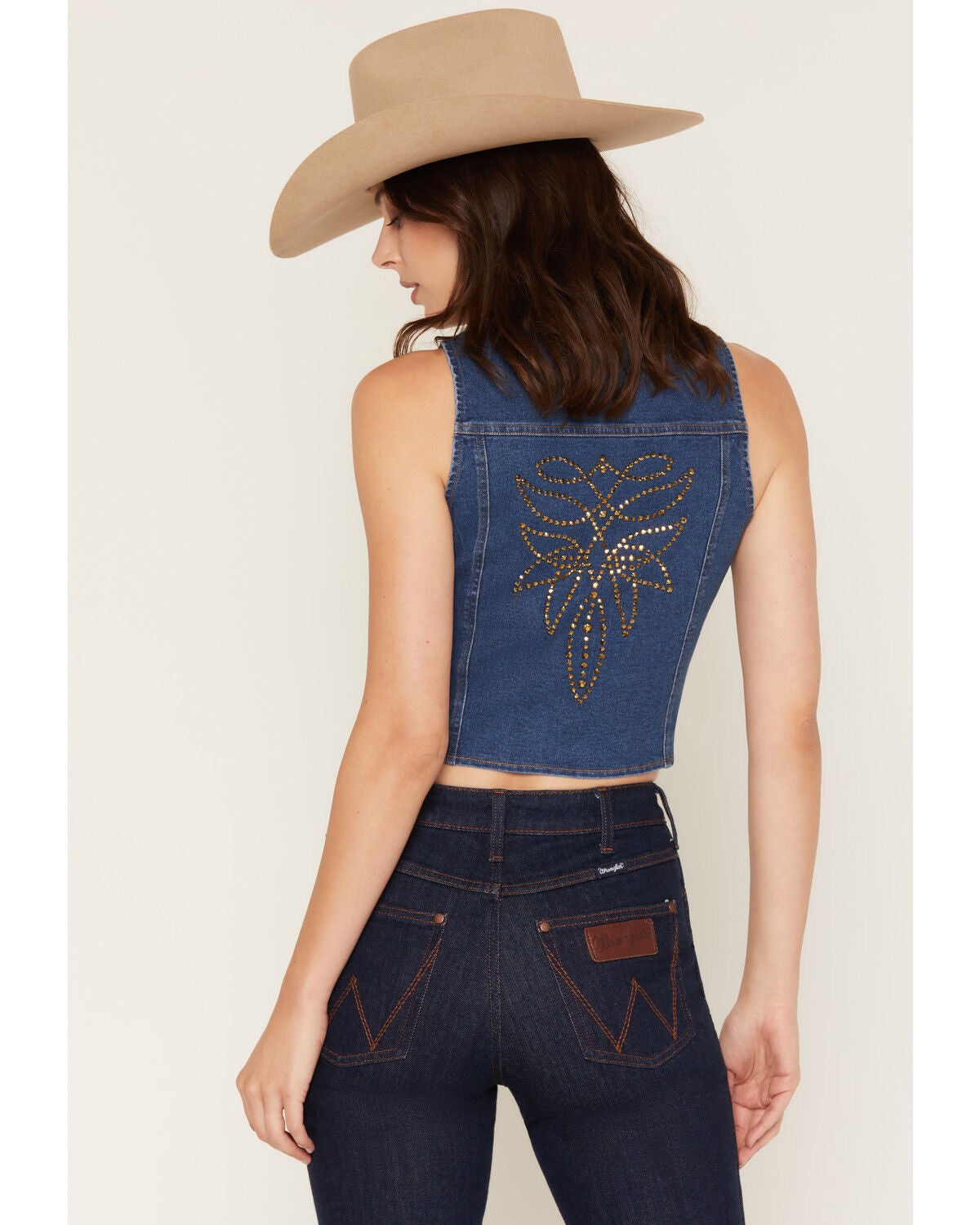Image #4 - Blue B Women's Boot Barn Exclusive Boot Stitch Studded Denim Vest, Medium Wash, hi-res