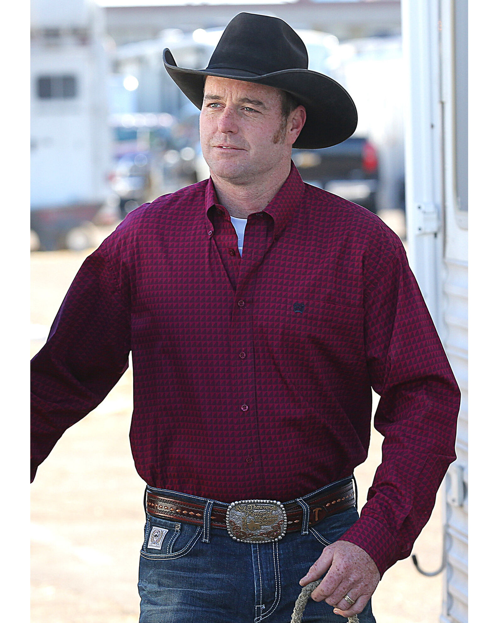 Image #1 - Cinch Men's Burgundy Plain Weave Printed Long Sleeve Shirt, Red, hi-res