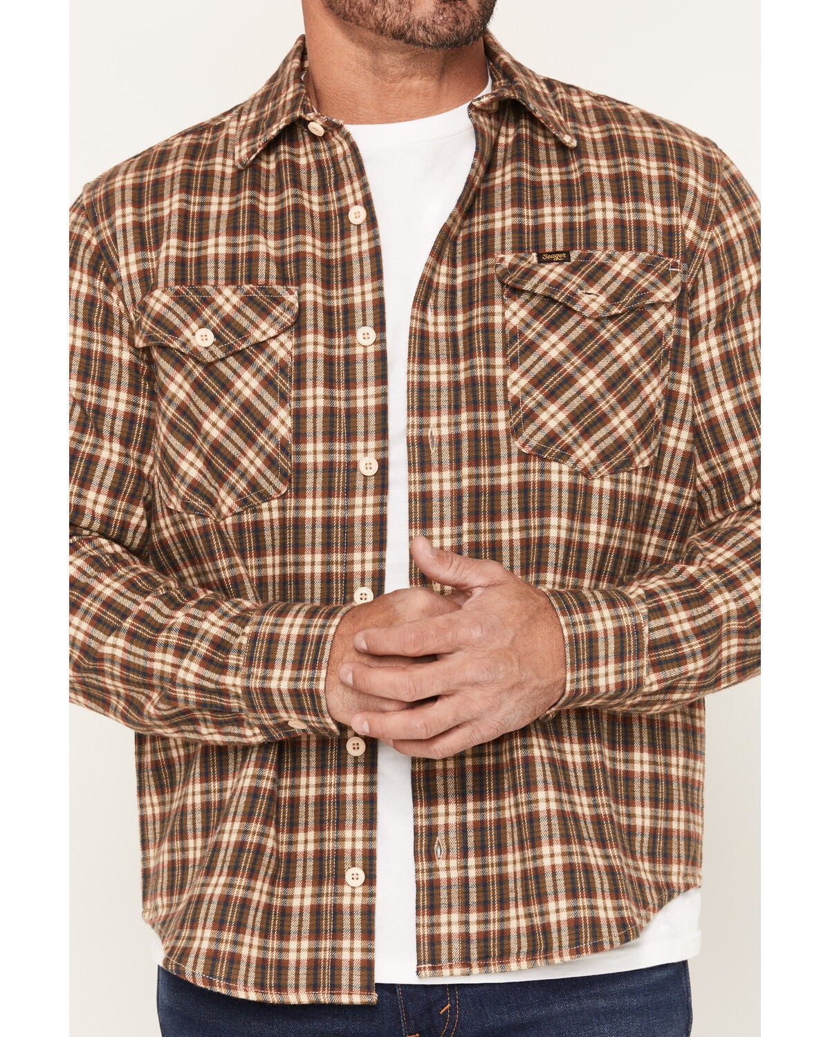 Image #3 - Seager Men's Calico Plaid Print Long Sleeve Button-Down Flannel Shirt, Caramel, hi-res