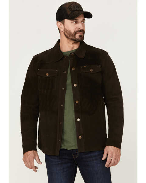 Wrangler Men's Brown Suede Snap-Front Western Shirt Jacket , Brown, hi-res