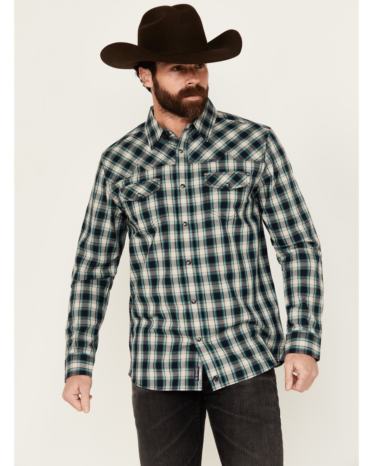Moonshine Spirit&reg; Men's Autograph Plaid Print Long Sleeve Snap Western Shirt, Navy, hi-res