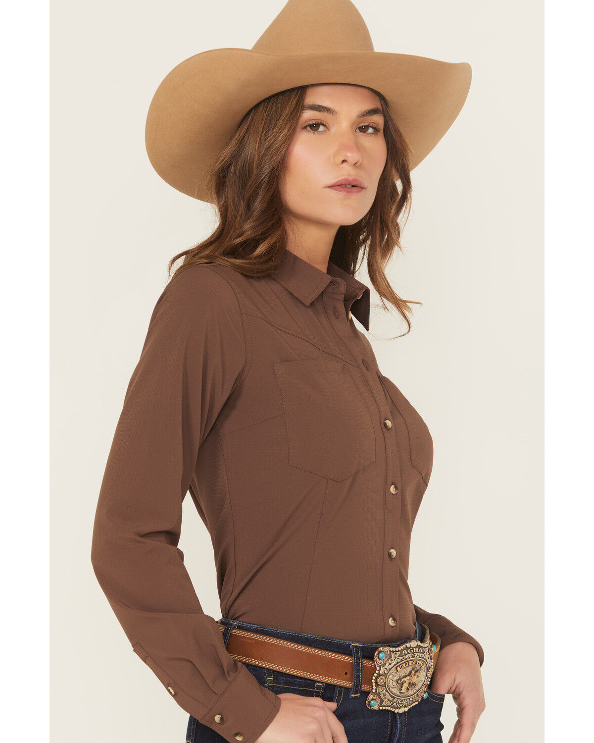 Image #2 - Shyanne Women's Solid Long Sleeve Button-Down Performance Shirt, Brown, hi-res