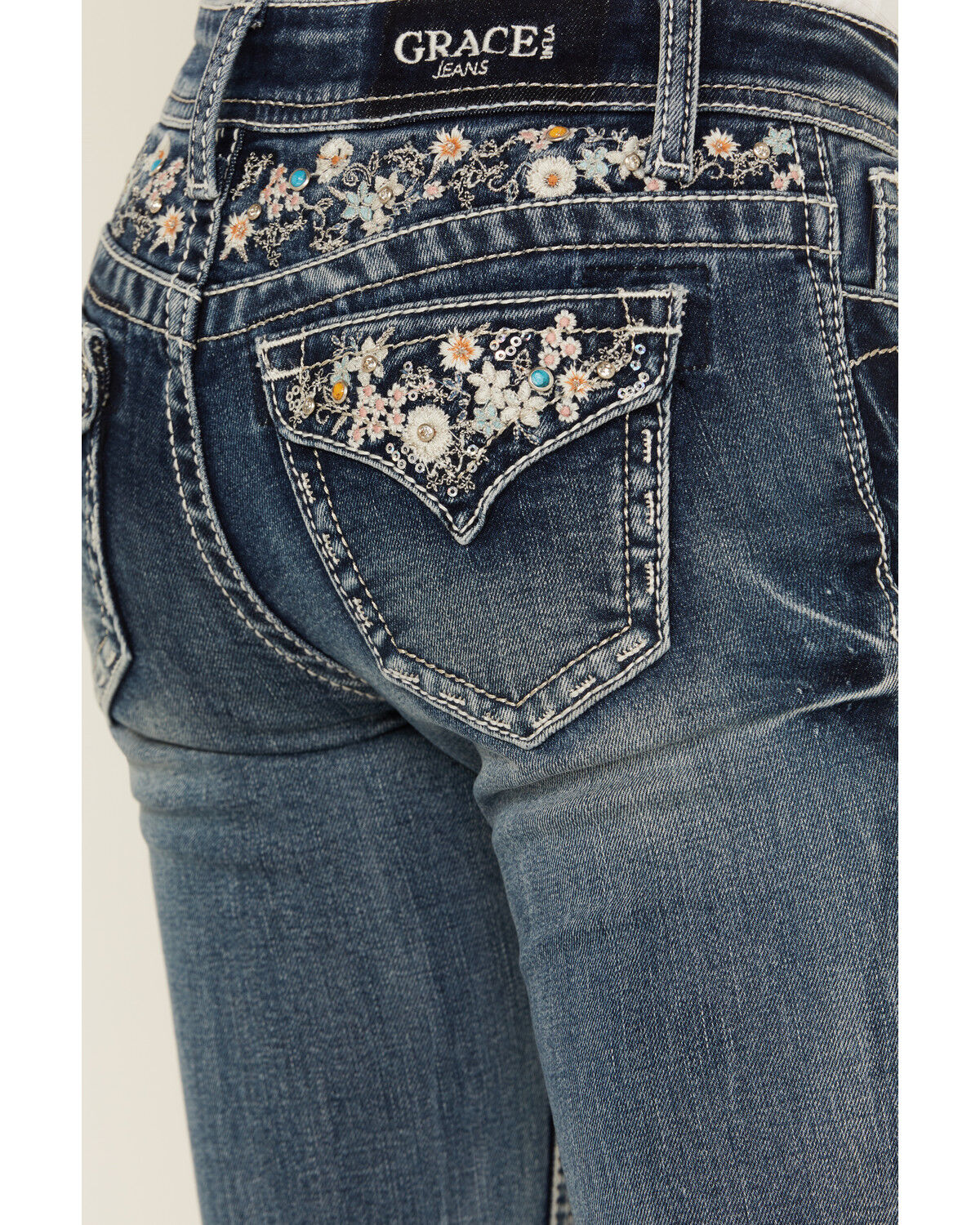 Image #2 - Grace in LA Girls' Medium Wash Floral Embroidered Stretch Bootcut Jeans, , hi-res