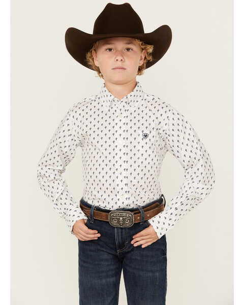 Ariat Boys' Parker Cactus Print Long Sleeve Button-Down Western Shirt , White, hi-res