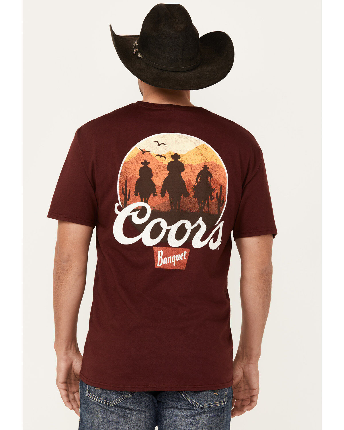 Image #1 - Coors Men's Boot Barn Exclusive Desert Riders Logo Short Sleeve Graphic T-Shirt, Maroon, hi-res