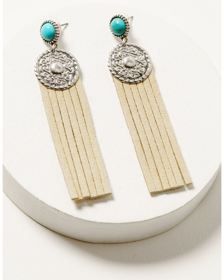 Shyanne Women's Turquoise & Tan Faux Leather Fringe Earrings, Silver, hi-res