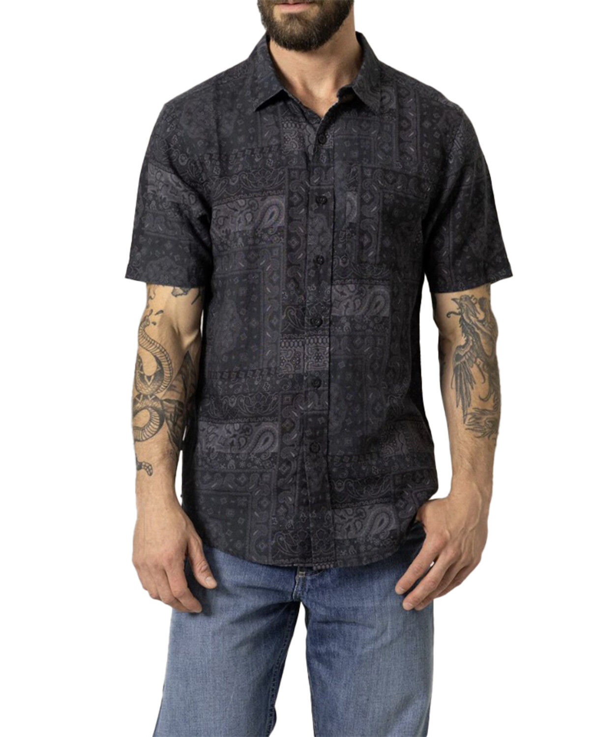 Image #1 - Kimes Ranch Men's Barret Bandana Print Short Sleeve Button-Down Western Short, Black, hi-res