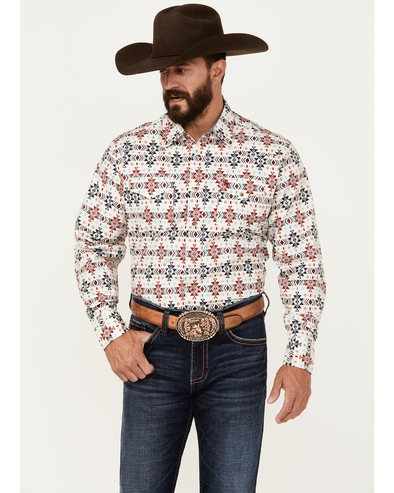 Rodeo Clothing Men's Southwestern Print Long Sleeve Snap Western Shirt
