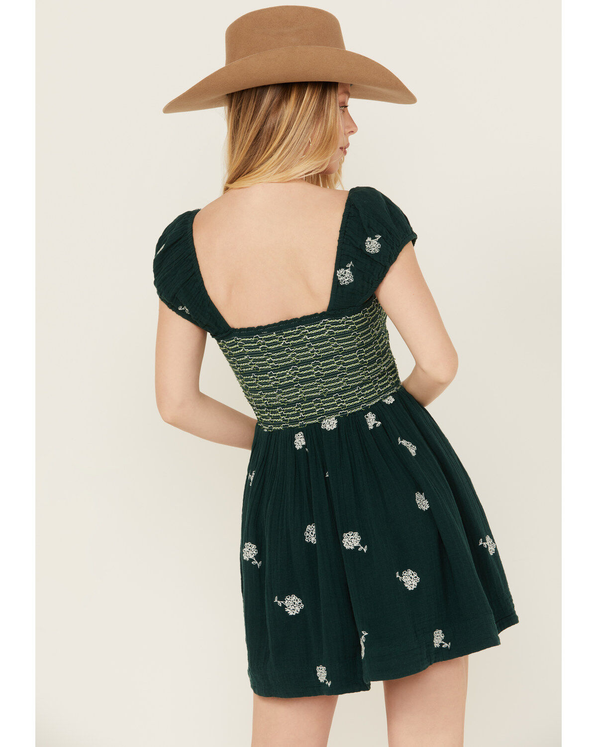 Image #4 - Free People Women's Tory Floral Smocked Mini Dress, Green, hi-res