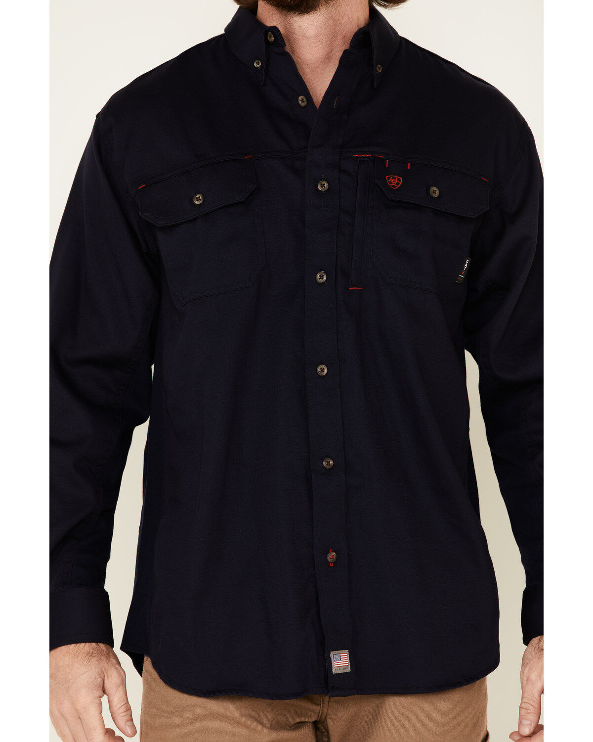 Image #3 - Ariat Men's FR Solid Vent Long Sleeve Button Down Work Shirt, Navy, hi-res