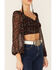 Lush Women's Lace Trim Rose Long Sleeve Crop Blouse, Black, hi-res