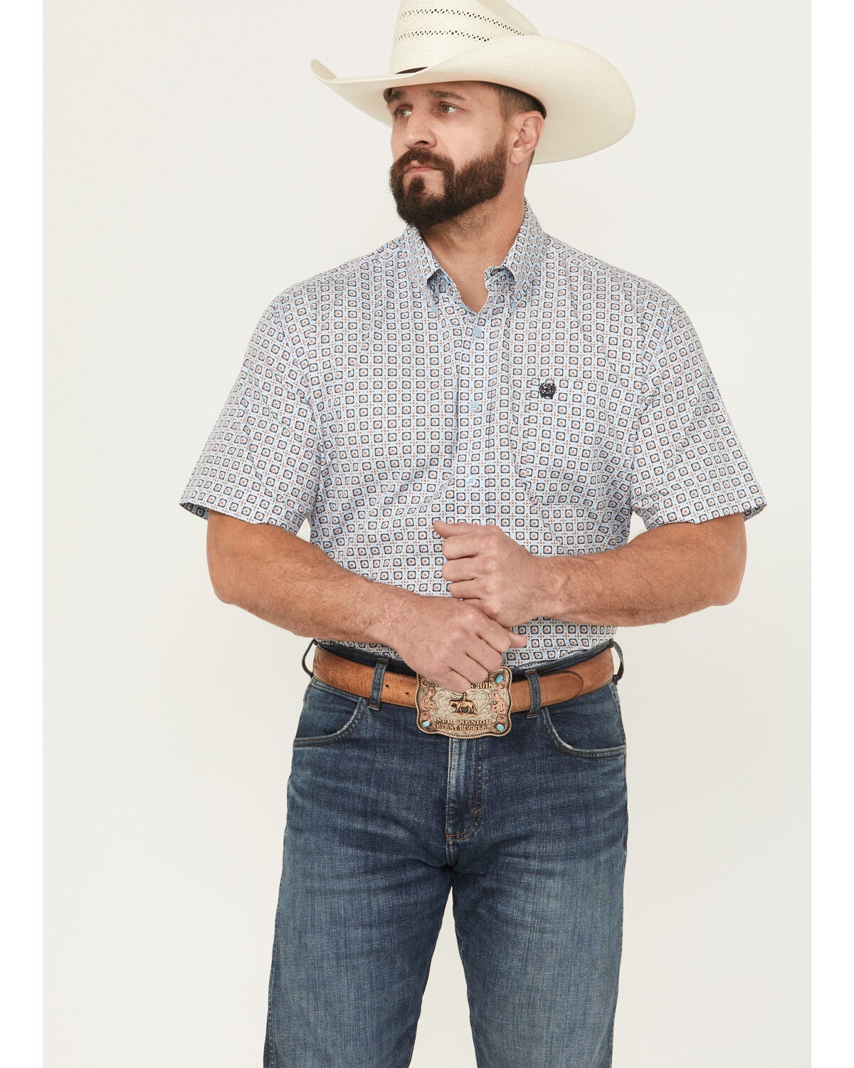 Cinch Men's Floral Geo Print Short Sleeve Button-Down Western Shirt, Light Blue, hi-res