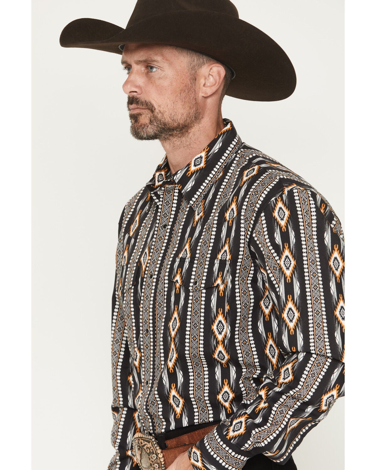 Image #2 - Wrangler Men's Checotah Southwestern Print Long Sleeve Snap Western Shirt, Black, hi-res