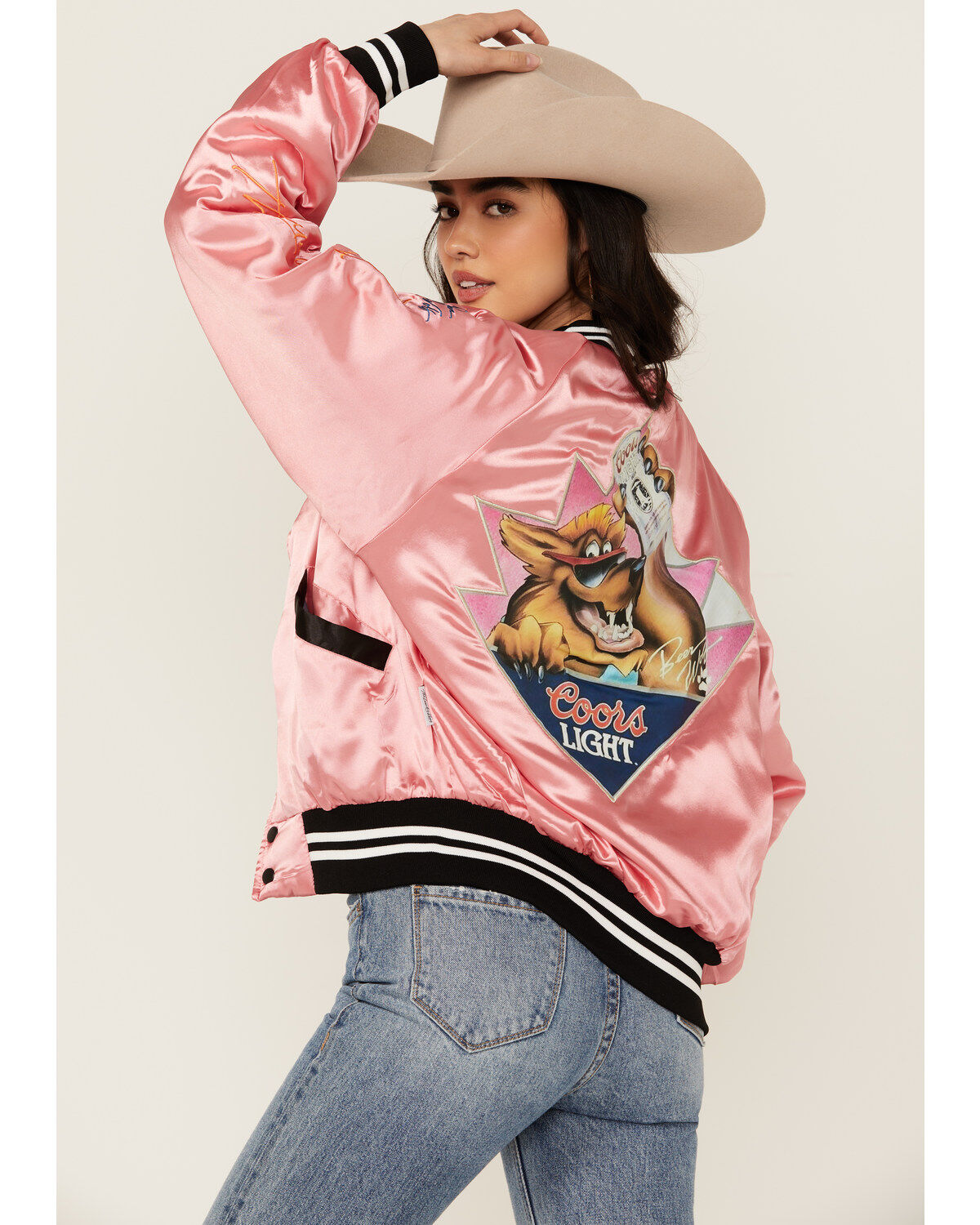 Image #4 - The Laundry Room Women's Coors Beer Wolf Stadium Satin Bomber Jacket, Pink, hi-res