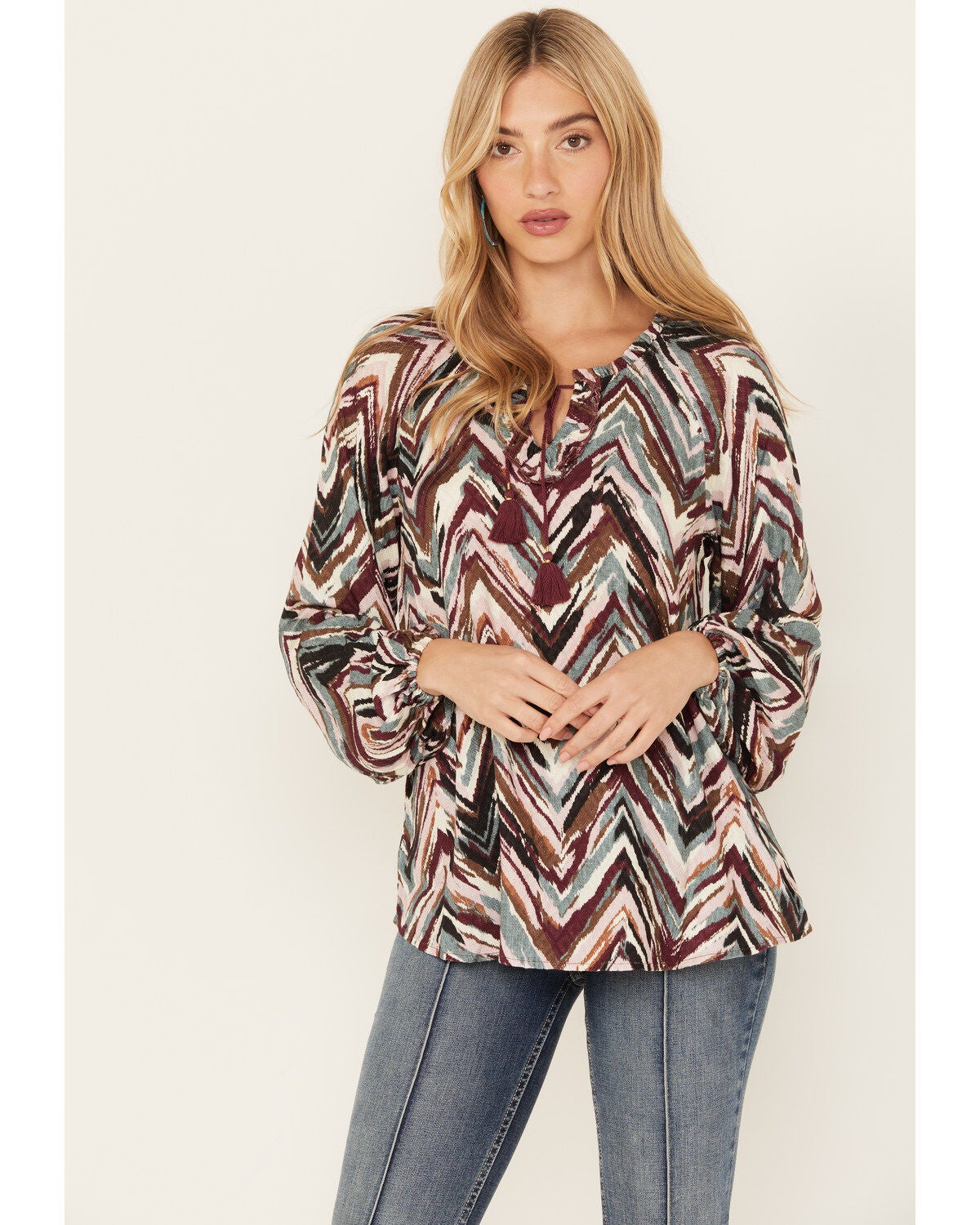 Shyanne Women's Printed Rayon Dobby Peasant Blouse, Maroon, hi-res