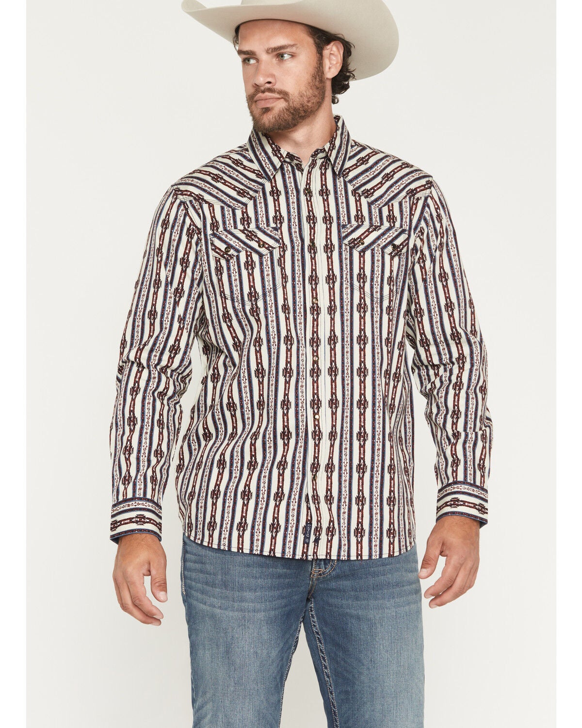 Moonshine Spirit&reg; Men's Walk About Southwestern Stripe Print Long Sleeve Snap Western Shirt, Tan, hi-res