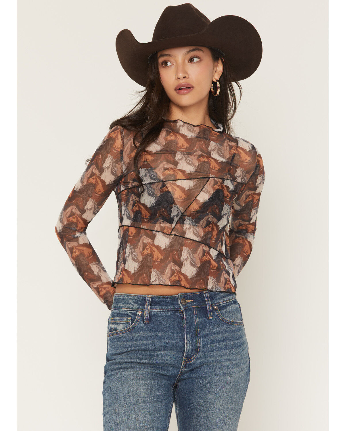 Rock & Roll Denim Women's Horse Print Long Sleeve Mesh Top, Brown, hi-res