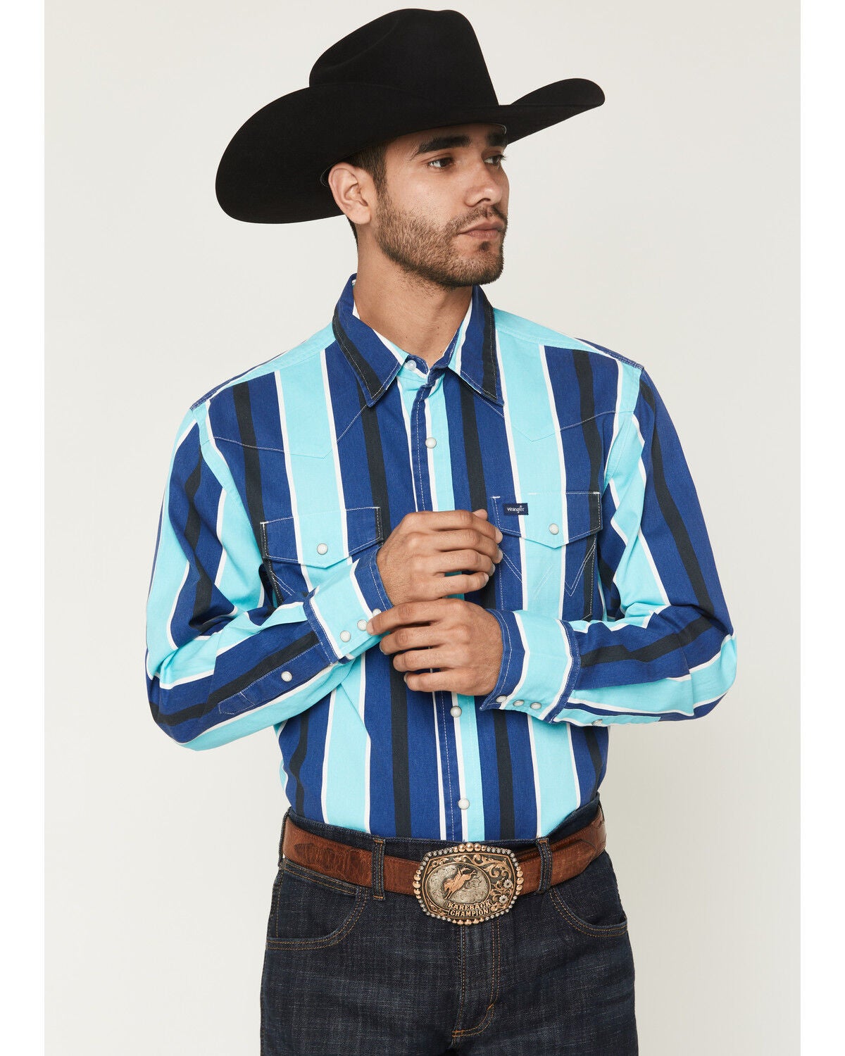 Wrangler Men's Vintage Brushpopper Striped Print Long Sleeve Snap Western Shirt, Multi, hi-res