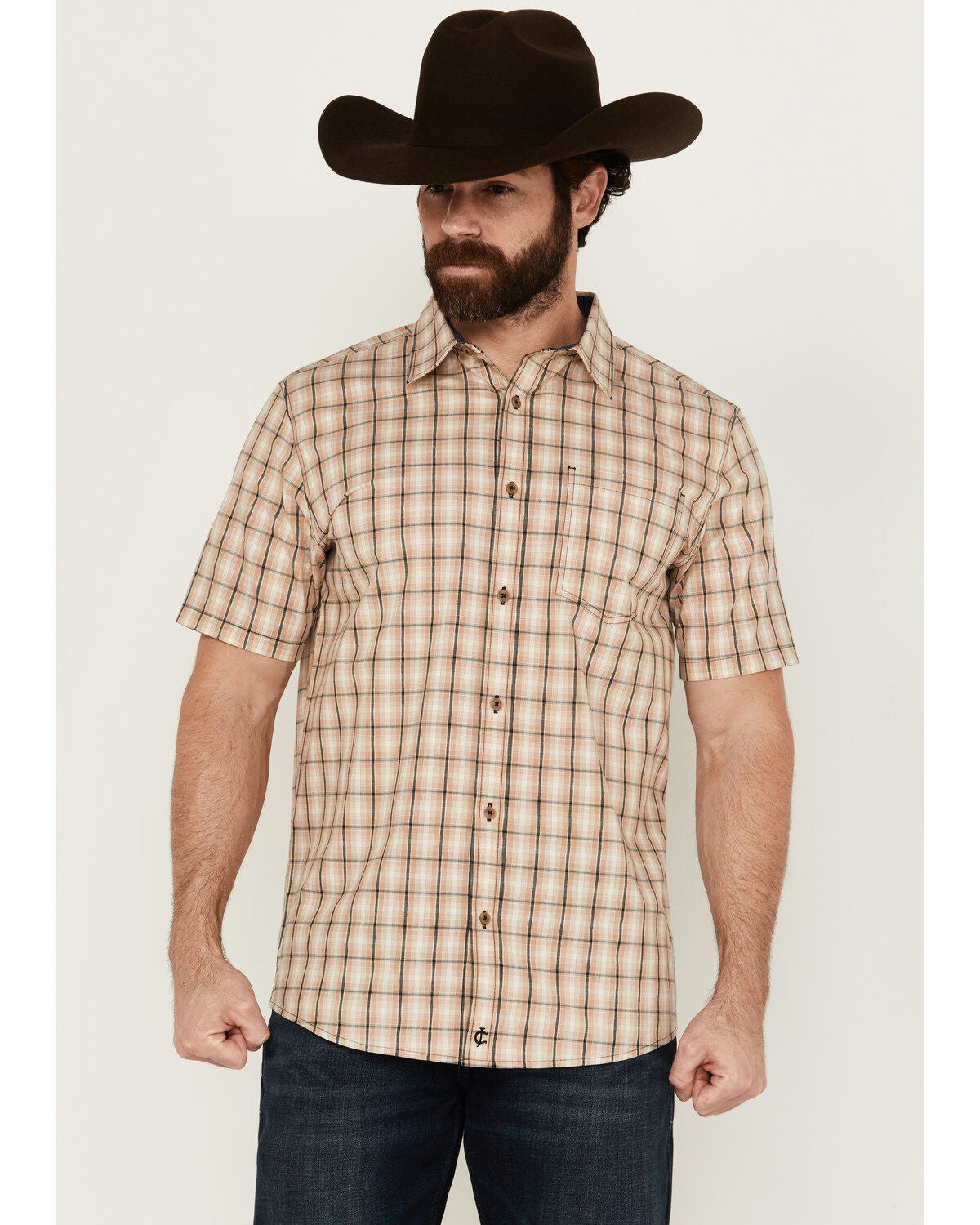Cody James Men's Adios Plaid Print Short Sleeve Button-Down Western shirt, Tan, hi-res