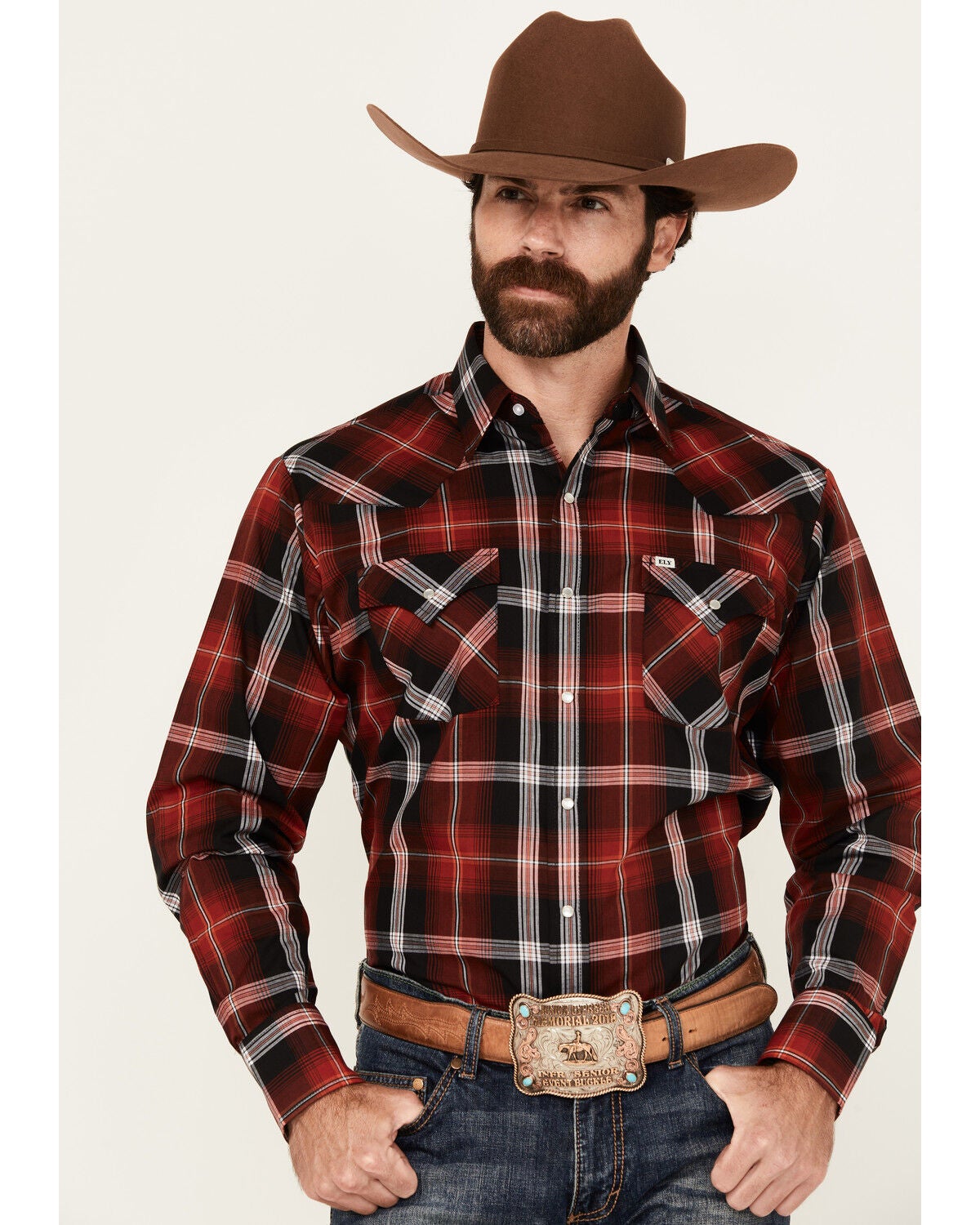 Ely Walker Men's Plaid Print Long Sleeve Snap Stretch Western Shirt, Red, hi-res