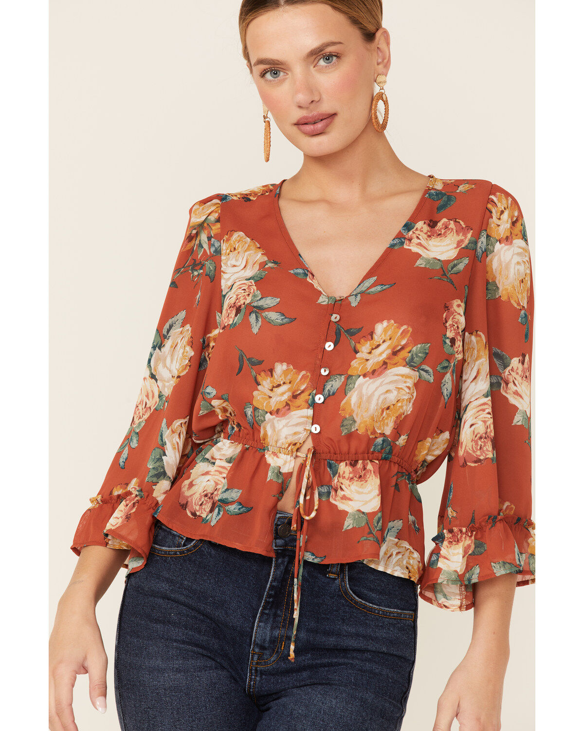 Image #3 - Wild Moss Women's Rust Floral Chiffon Bell Sleeve Blouse, , hi-res