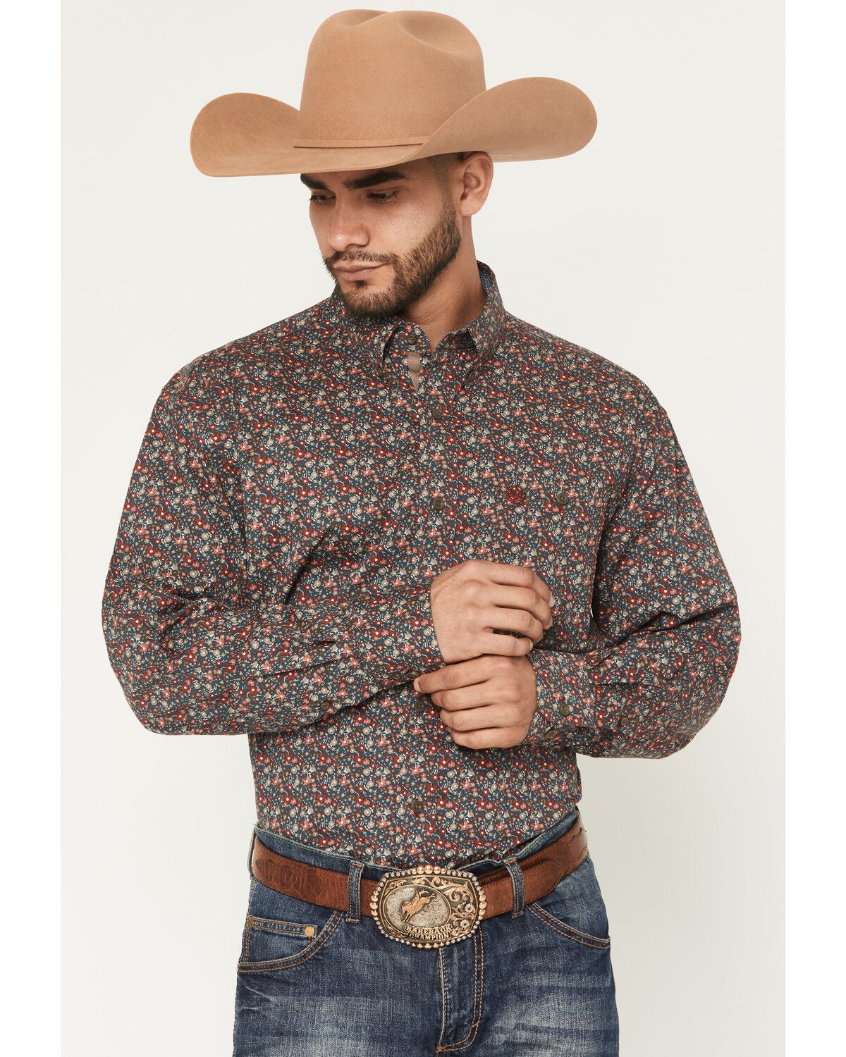 George Strait by Wrangler Men's Floral Print Long Sleeve Button-Down Stretch Western Shirt, Multi, hi-res