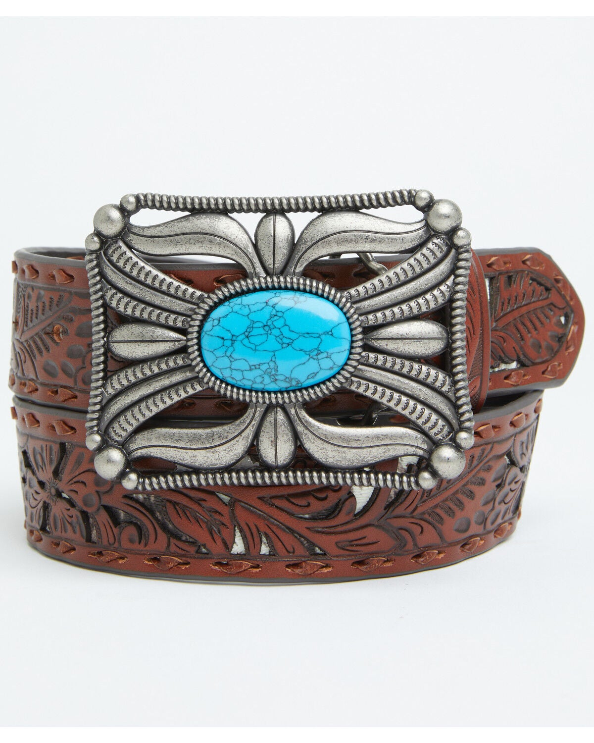 Shyanne Women's Indiana Inlay Filigree Leather Buckle Belt, Brown, hi-res