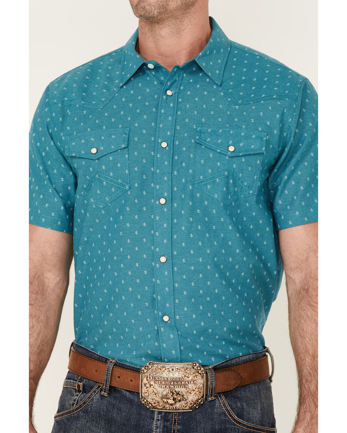Image #3 - Cody James Men's Field Day Chambray Geo Print Short Sleeve Snap Western Shirt, Blue, hi-res