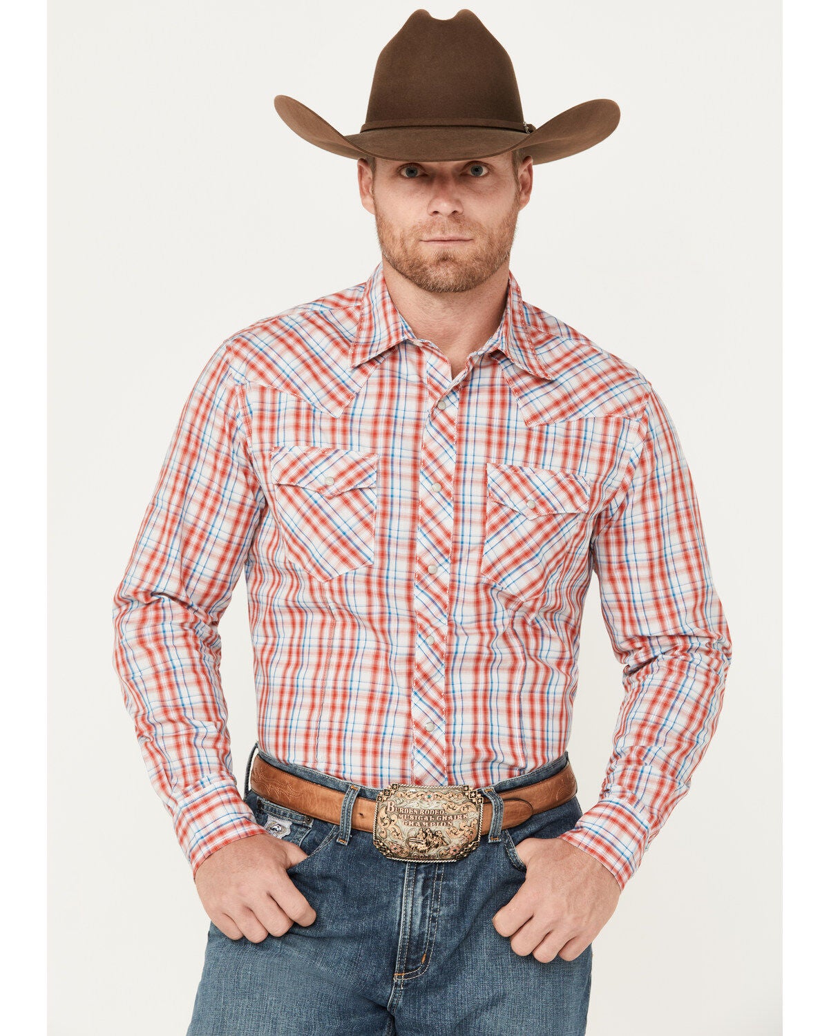 Image #1 - Wrangler Men's Plaid Print Long Sleeve Pearl Snap Western Shirt, , hi-res
