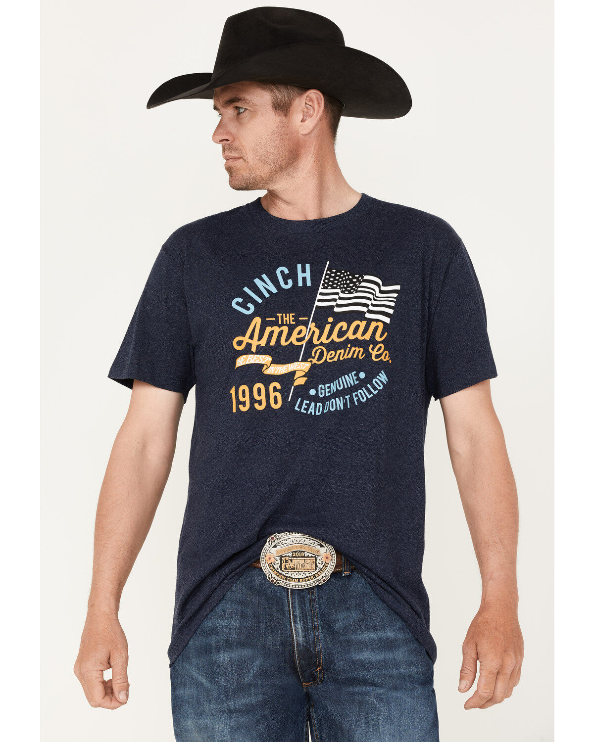 Image #1 - Cinch Men's American Heather Navy Logo Flag Graphic Short Sleeve T-Shirt, Navy, hi-res