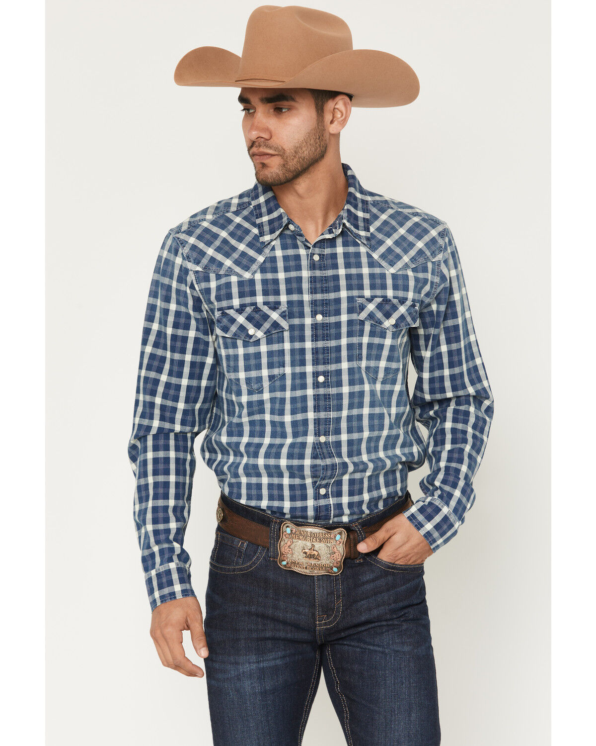 Image #1 - Cody James Men's Conaway Denim Plaid Print Long Sleeve Snap Western Shirt, Blue, hi-res