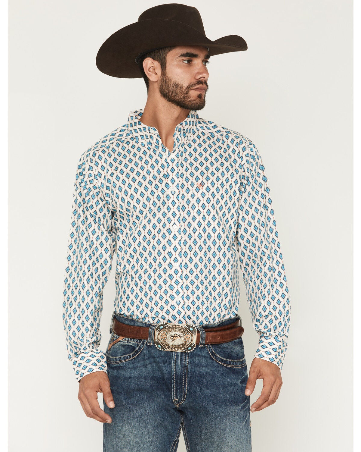 Ariat Men's Jaziel Southwest Diamond Long Sleeve Button-Down Fitted Western Shirt, White, hi-res