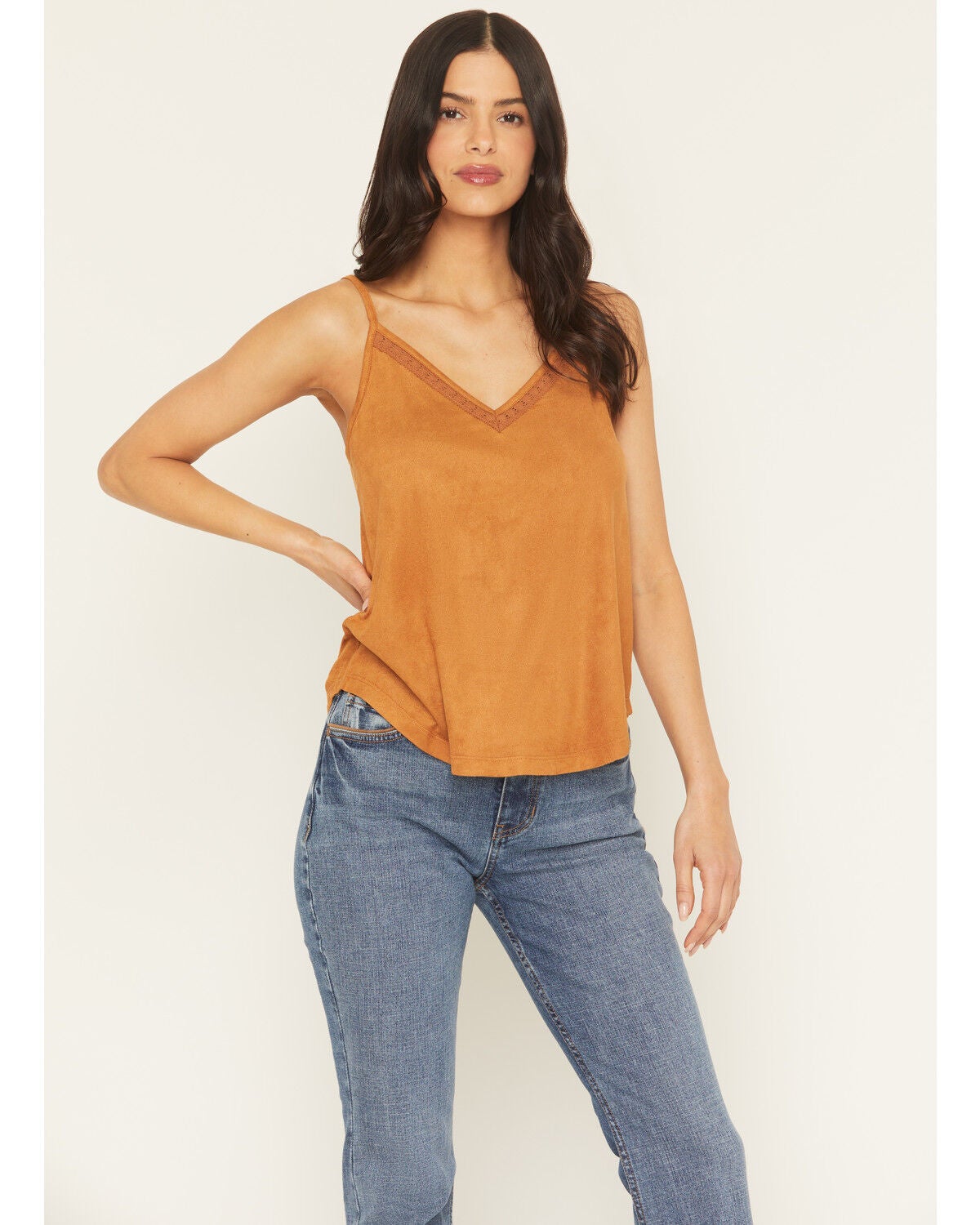 Shyanne Women's Solid Faux Suede Sleeveless Crochet Tank Top, Oatmeal, hi-res