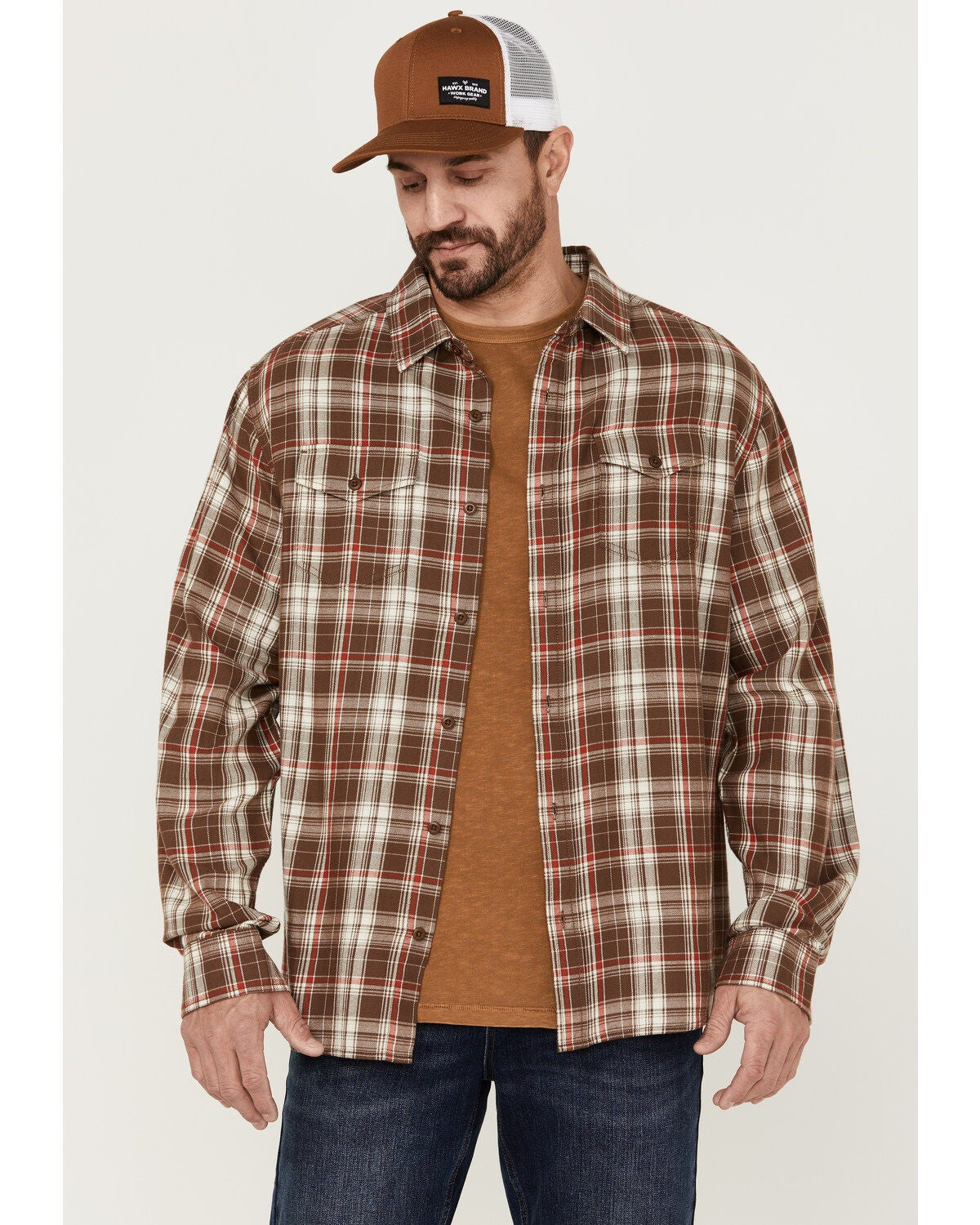 Brothers and Sons Men's Plaid Long Sleeve Button-Down Western Shirt, Brown, hi-res