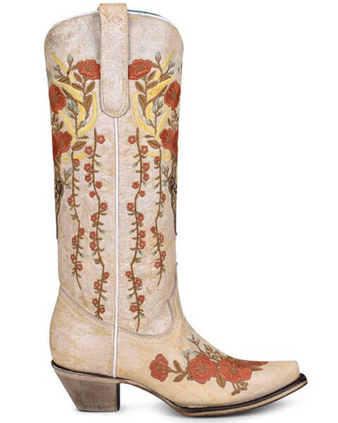 Corral Women's Floral & Deer Embroidered Western Boots - Snip Toe, White, hi-res
