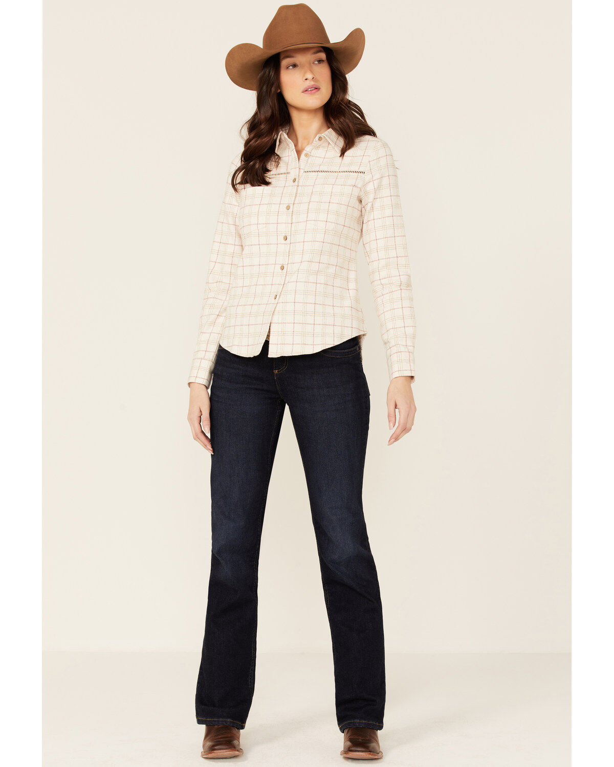 Image #4 - Shyanne Women's Plaid Print Long Sleeve Button-Down Shirt, Ivory, hi-res