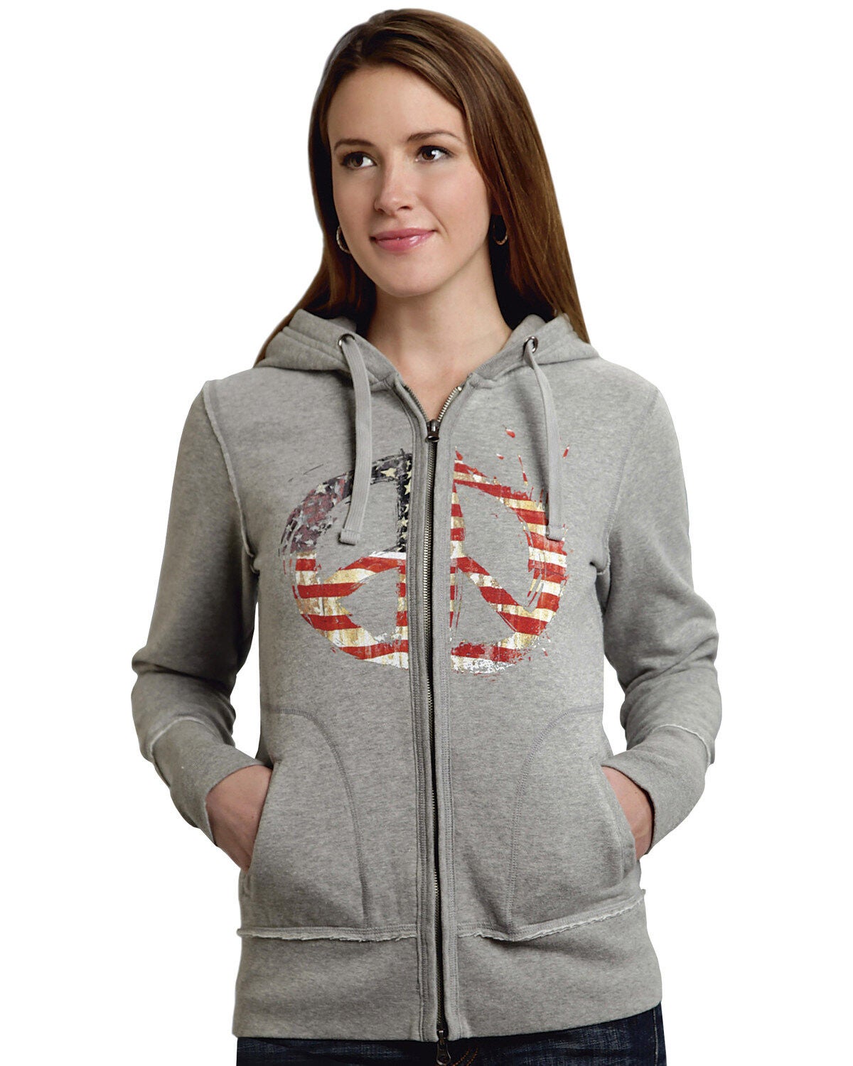 Image #1 - Roper Women's Americana Peace Zip-Up Hoodie, Grey, hi-res